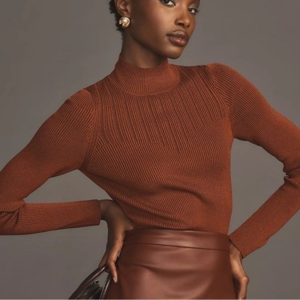 Anthropologie Brown Corset Mock Neck Stretch Fitted Knit Ribbed Sweater SZ Small